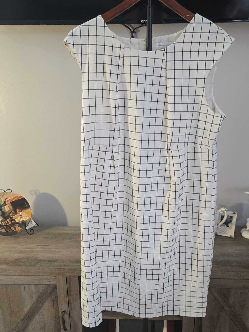 Christopher & Banks White Midi Dress with Black Grid